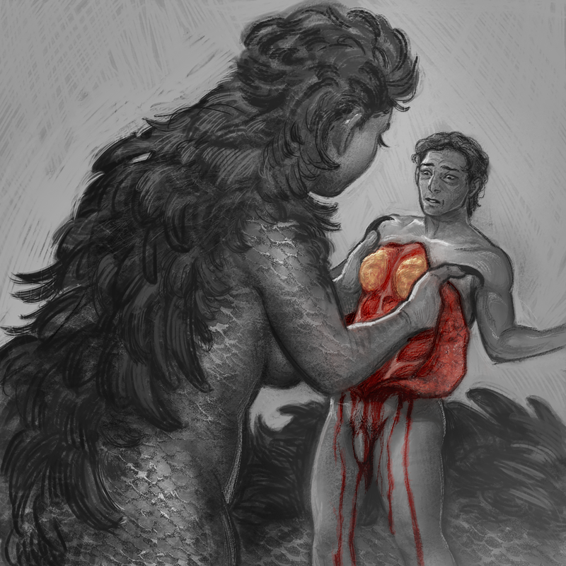 a digital drawing of the Mother, a creature with a feminine humanoid form from the knee up, scaly skin, a mane of feathers running from its scalp all the way down its spine, and a giant snake's body. The humanoid part of its form is fat and roughly twice the size of a human. Its hands, which have long black talons in place of fingernails, are tucked under the peeled-open skin of the Daughter, which, for now, looks like a middle-aged human man with breasts. The Daughter's open skin exposes the flesh from collarbones to pelvis, and blood runs down her legs. Both figures are nude. The drawing is rendered in grayscale except for the Daughter's open wound and dripping blood.